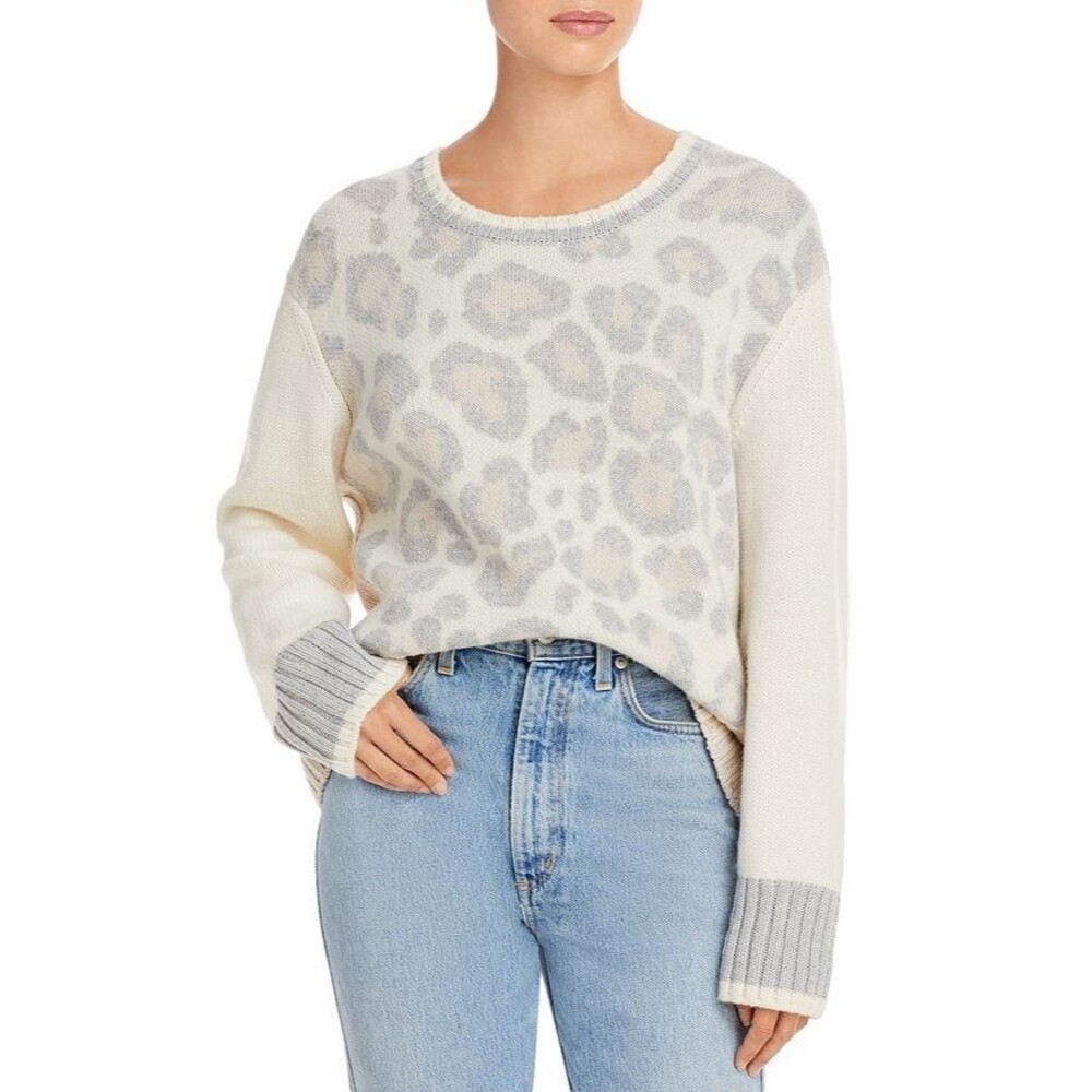 NEW Splendid Womens Large Cashmere & Wool Leopard Colorblock Sweater Cream Gray